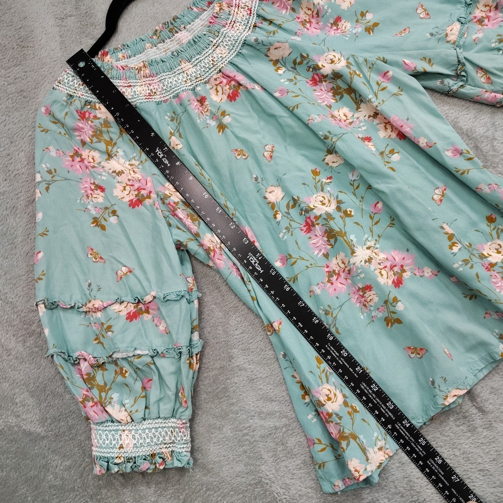 Spartina 449 Top M Boho Floral Smocked Neck Blouson Tiered Sleeve Cottagecore - Picture 3 of 8